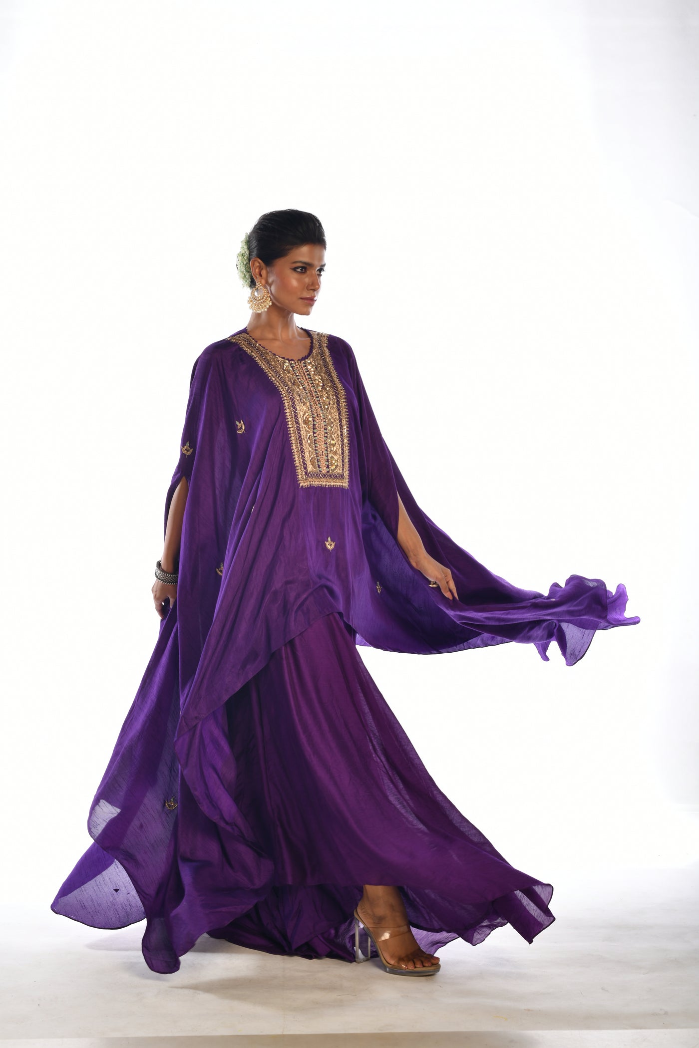 Purple Embroidered Kaftan Sharara Set