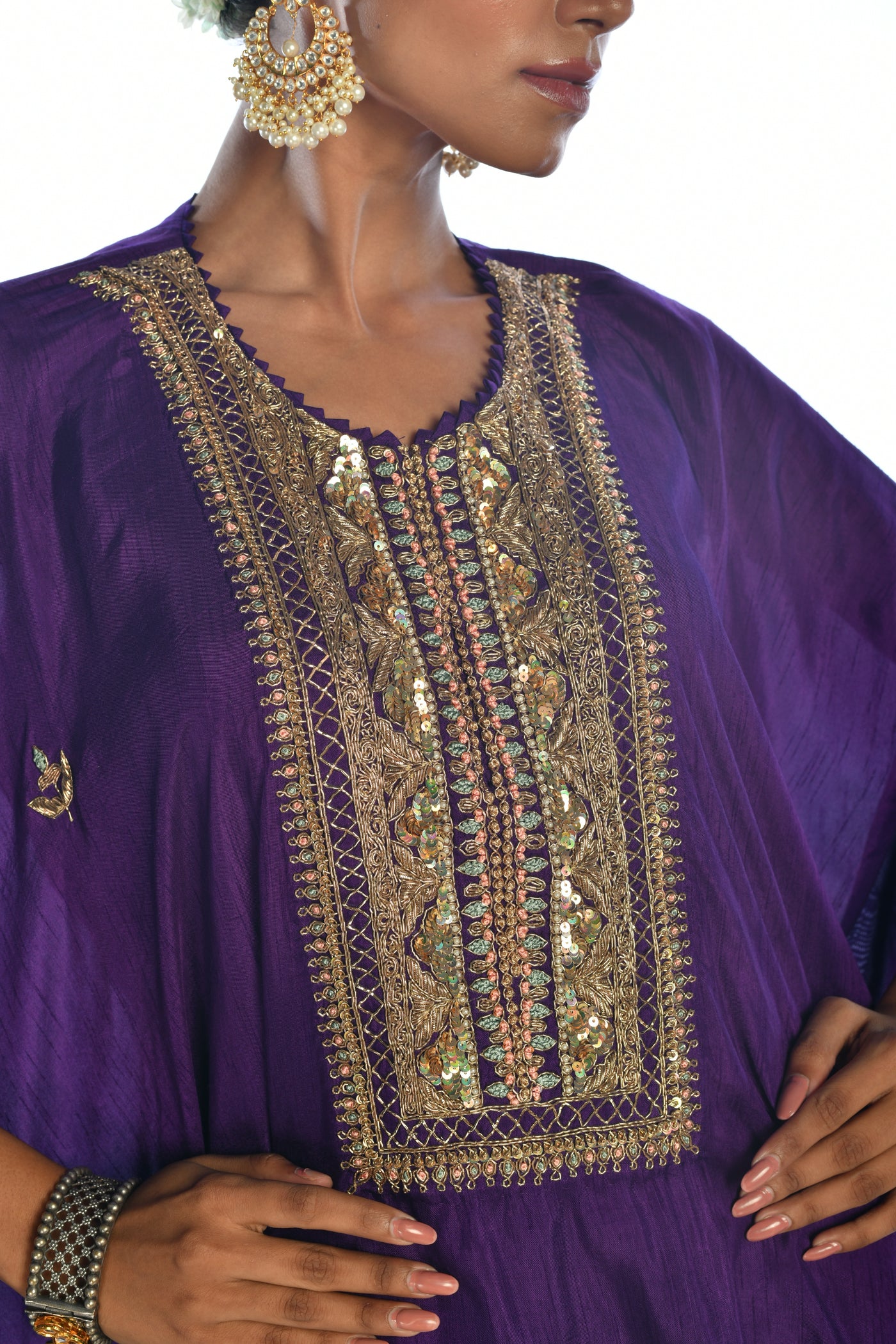 Purple Embroidered Kaftan Sharara Set