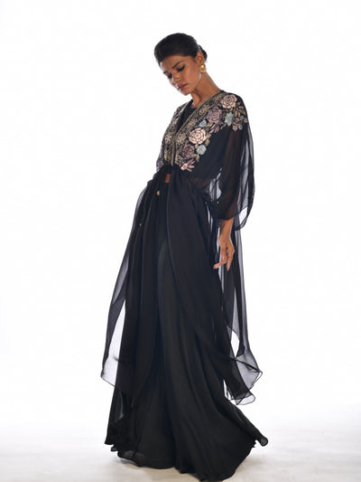 Black Embroidered Cape Sharara Set