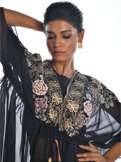 Black Embroidered Cape Sharara Set