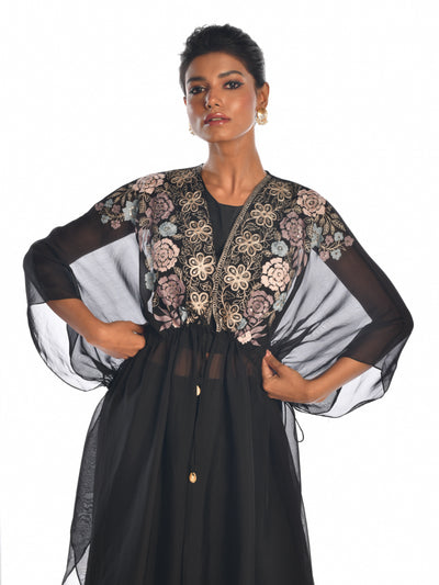 Black Embroidered Cape Sharara Set