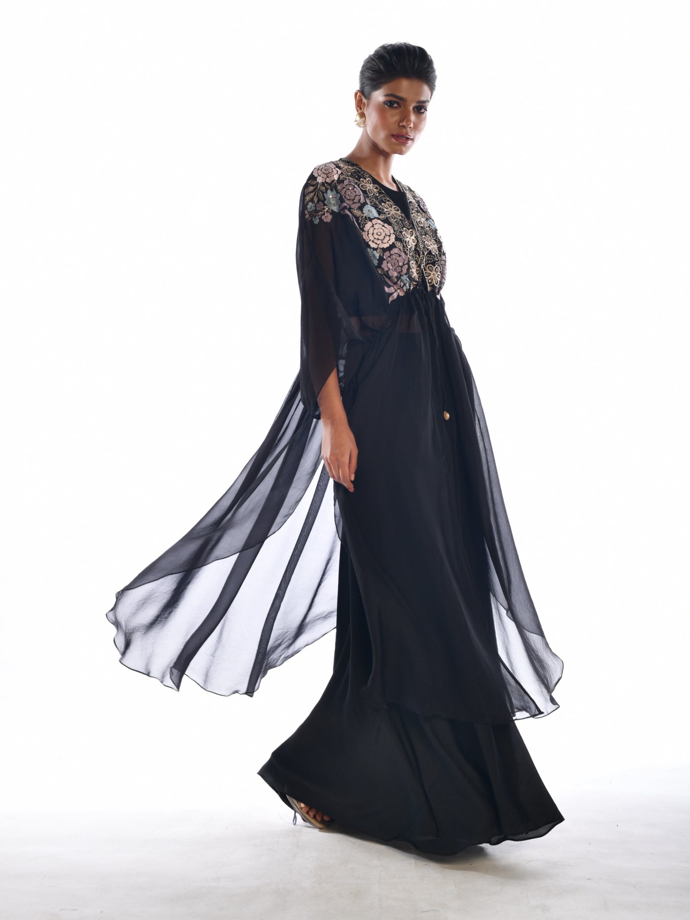 Black Embroidered Cape Sharara Set