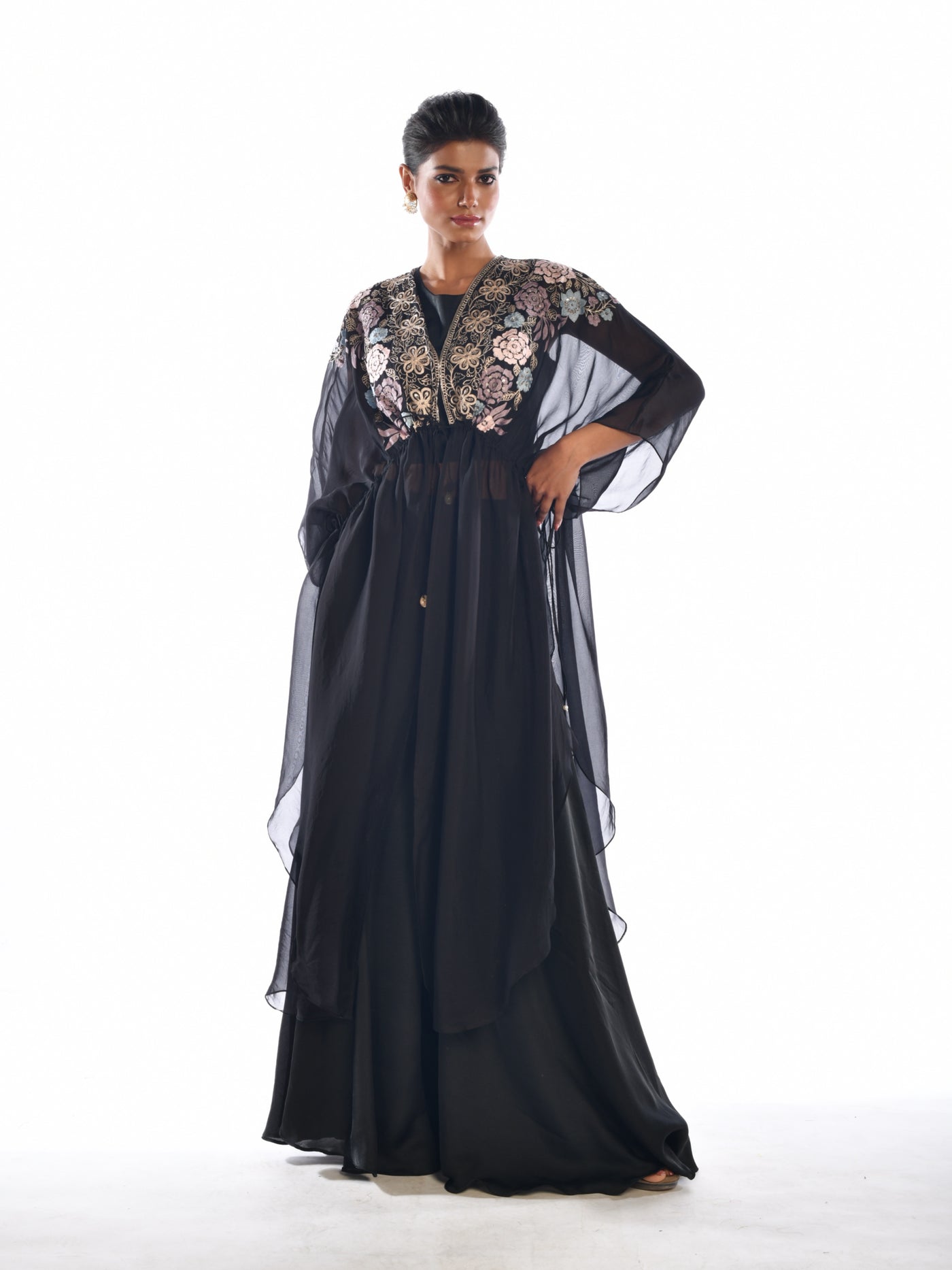 Black Embroidered Cape Sharara Set