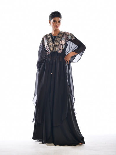 Black Embroidered Cape Sharara Set