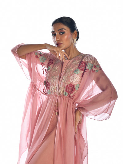 Pink Embroidered Cape Sharara Set