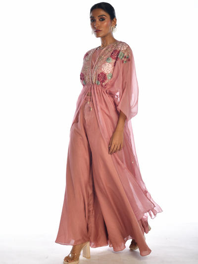 Pink Embroidered Cape Sharara Set