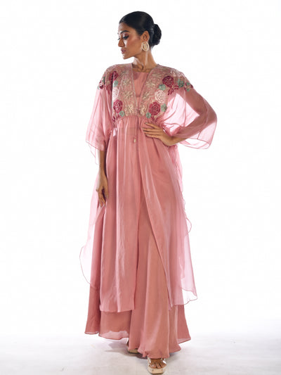 Pink Embroidered Cape Sharara Set