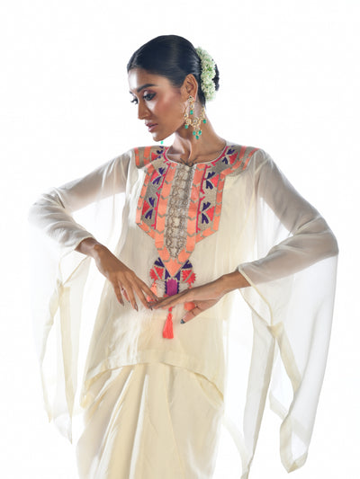 Off White Embroidered Kaftan Top & Drape Skirt