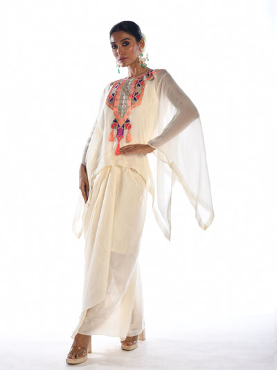 Off White Embroidered Kaftan Top & Drape Skirt