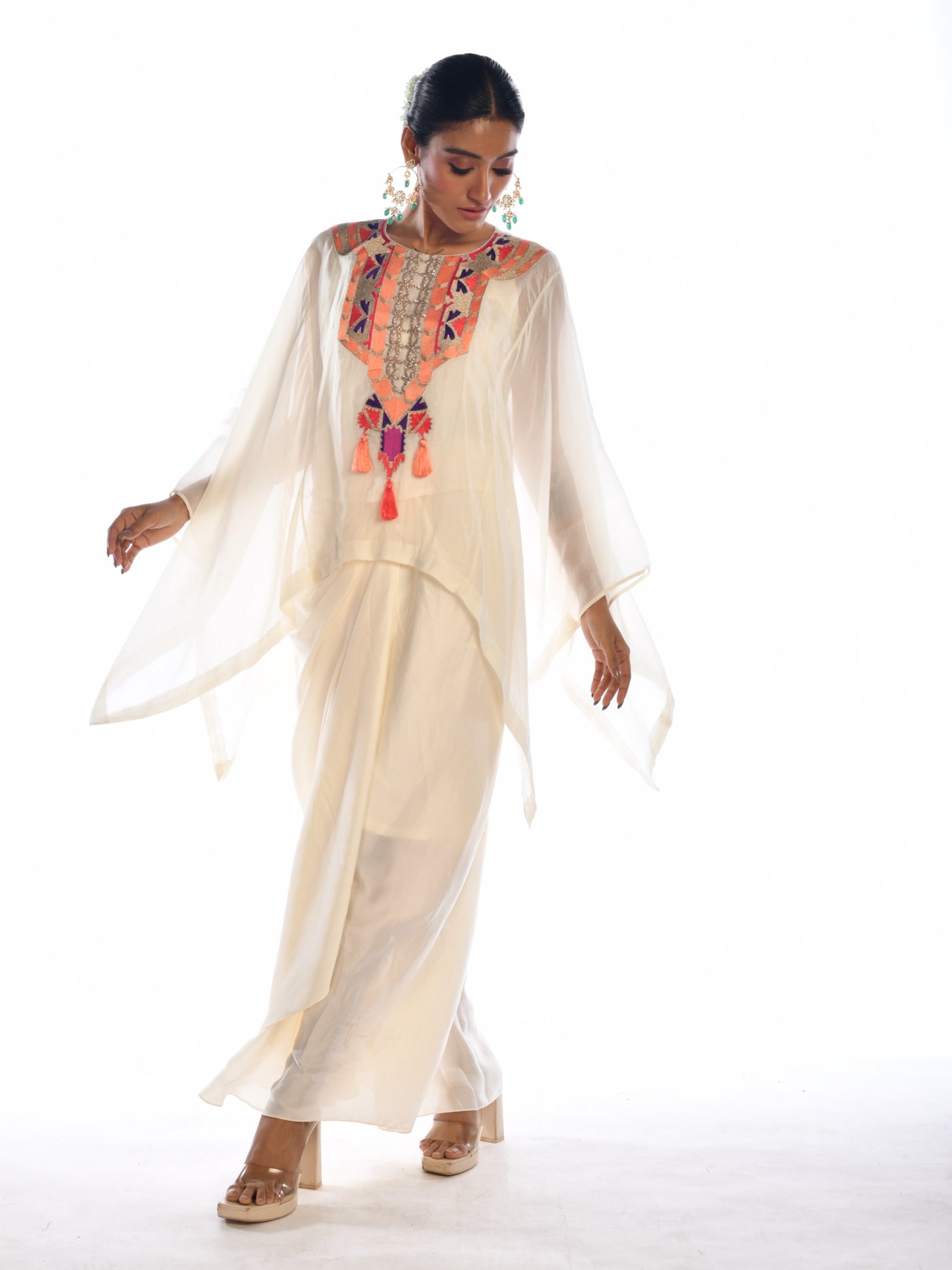 Off White Embroidered Kaftan Top & Drape Skirt