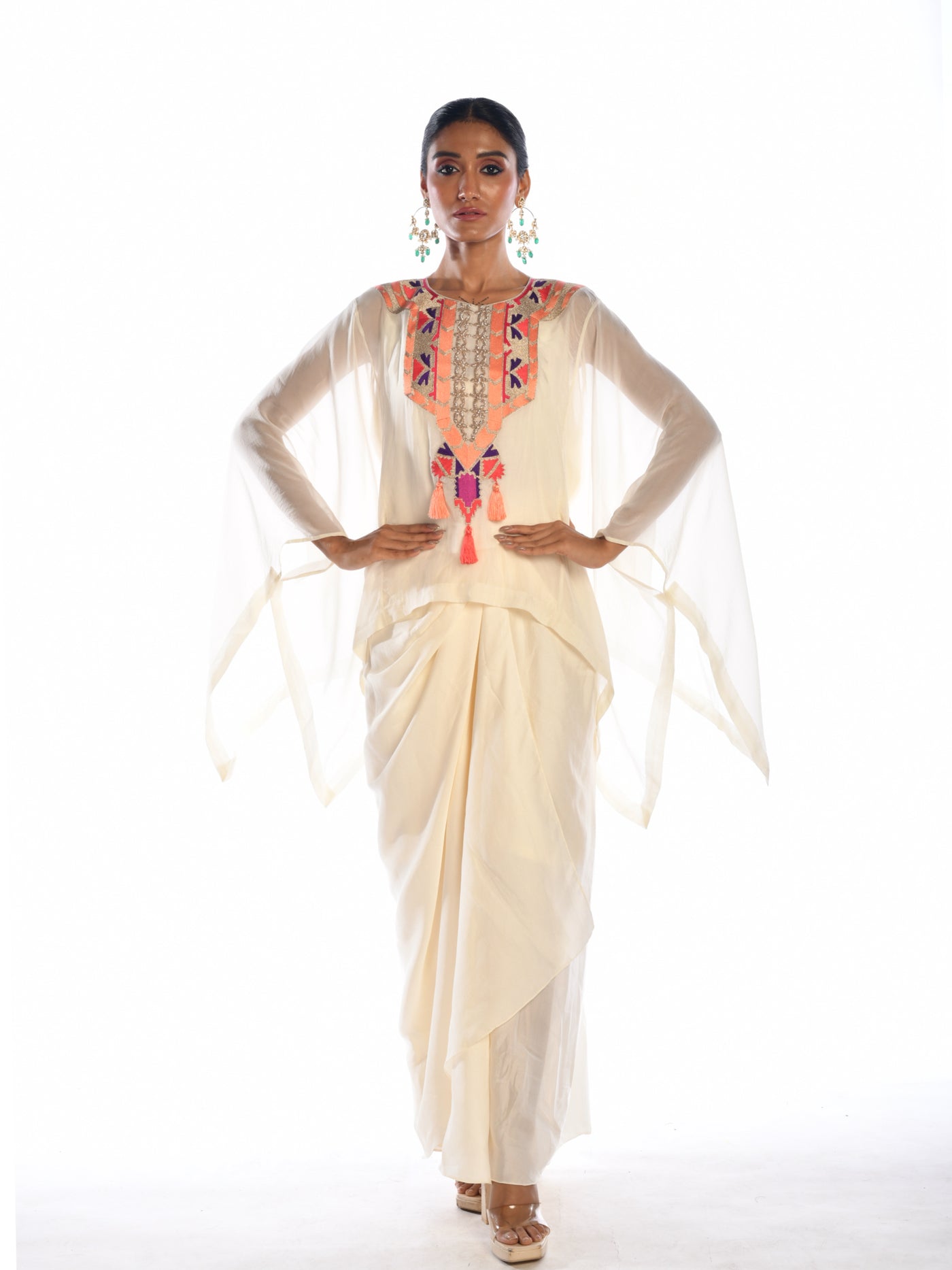 Off White Embroidered Kaftan Top & Drape Skirt