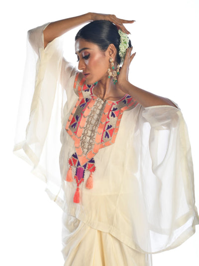 Off White Embroidered Kaftan Top & Drape Skirt