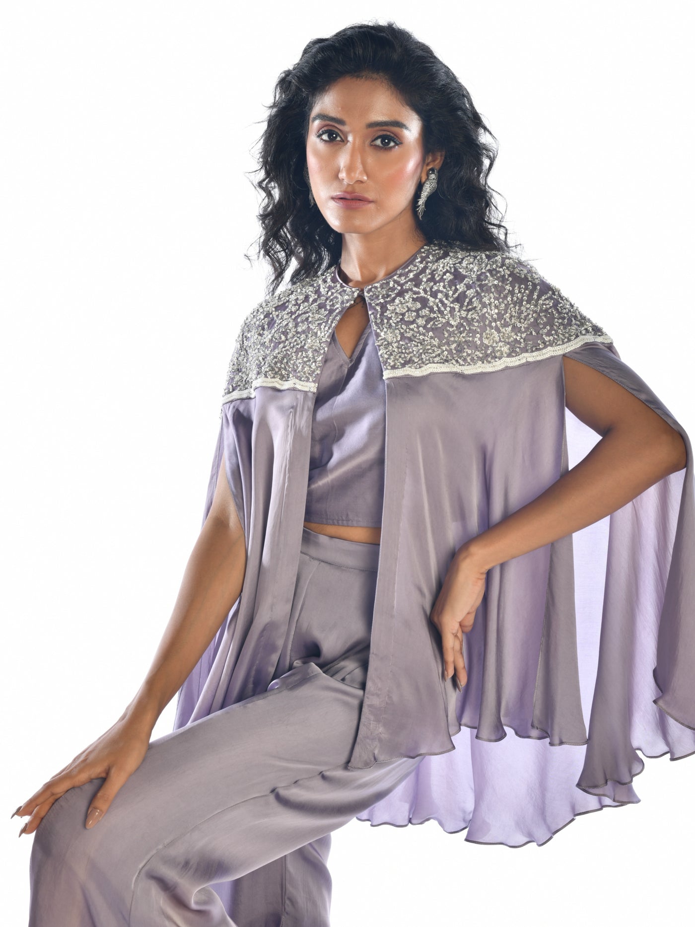 Mauve Embroidered Satin Cape Co Ord Set