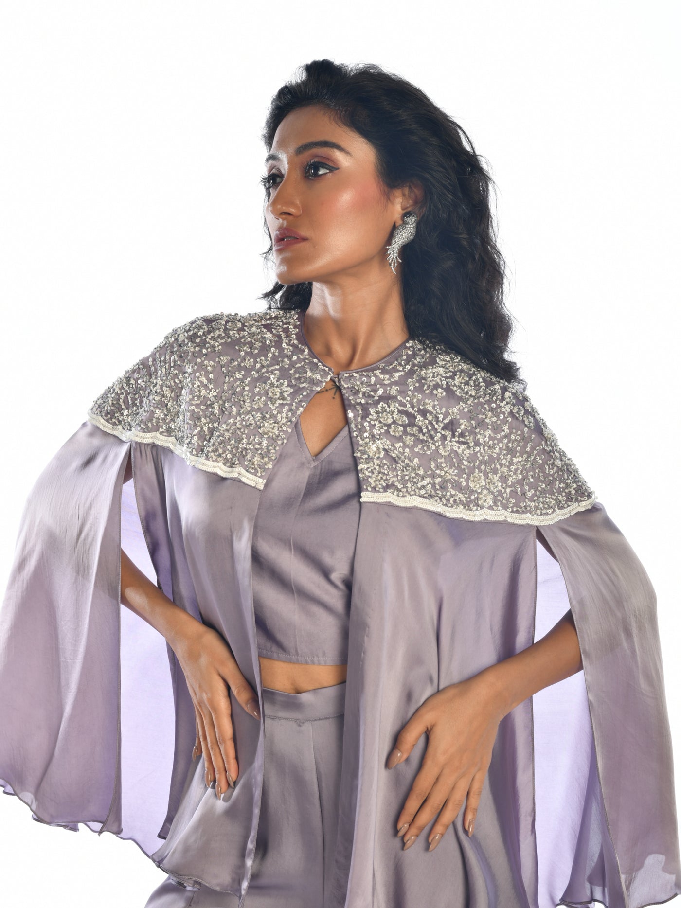 Mauve Embroidered Satin Cape Co Ord Set