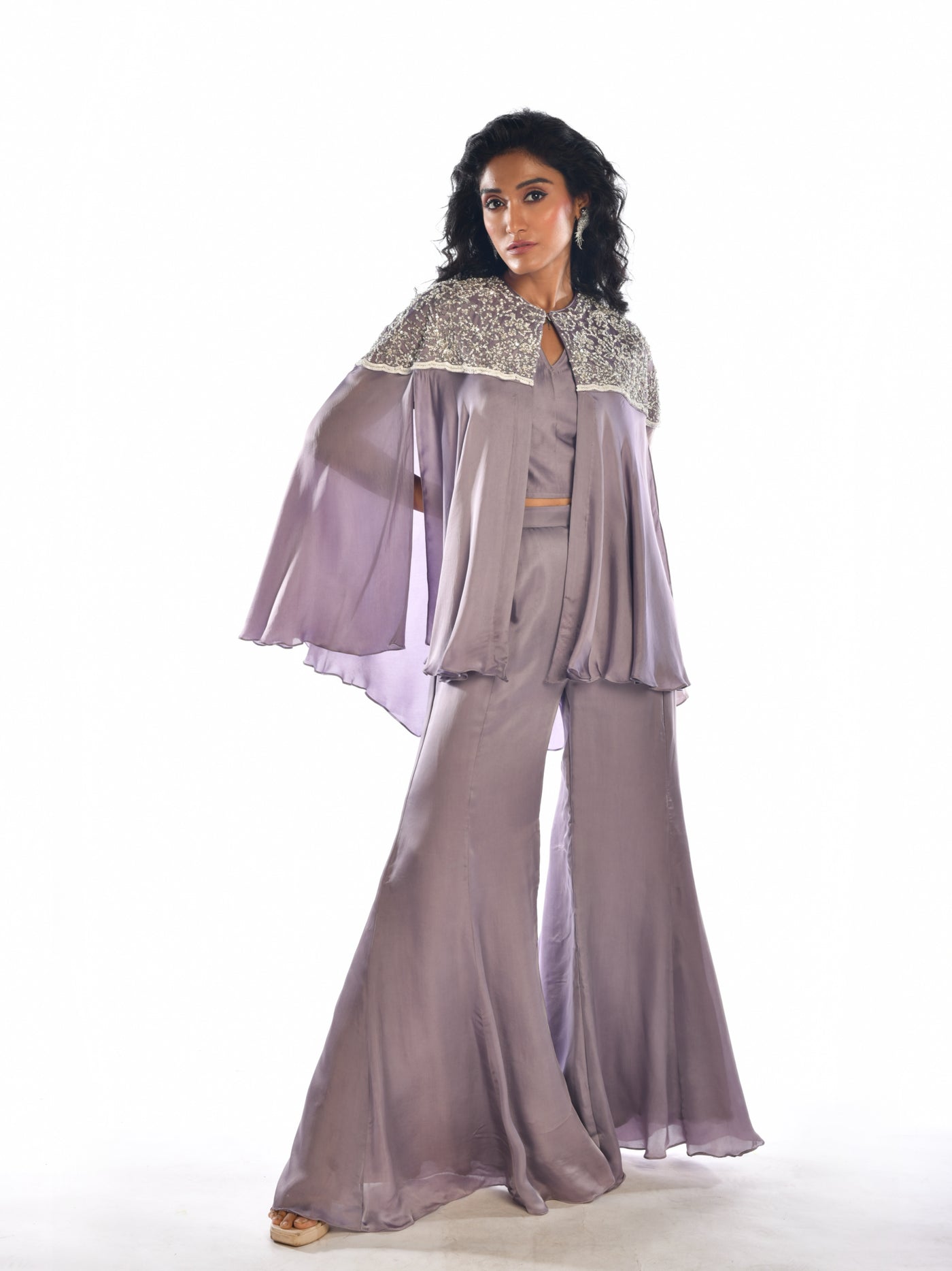 Mauve Embroidered Satin Cape Co Ord Set