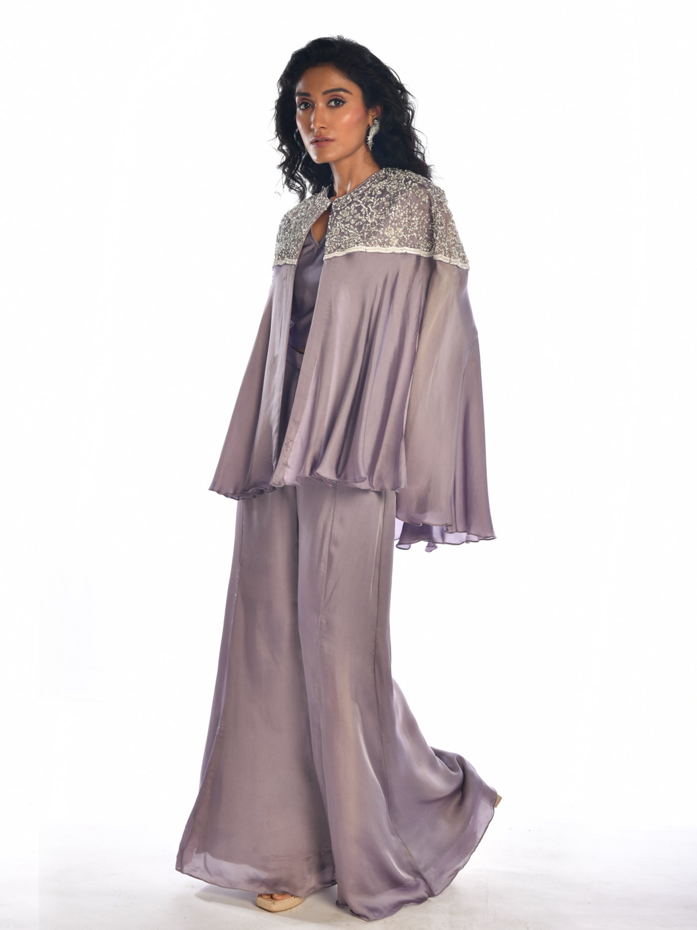 Mauve Embroidered Satin Cape Co Ord Set