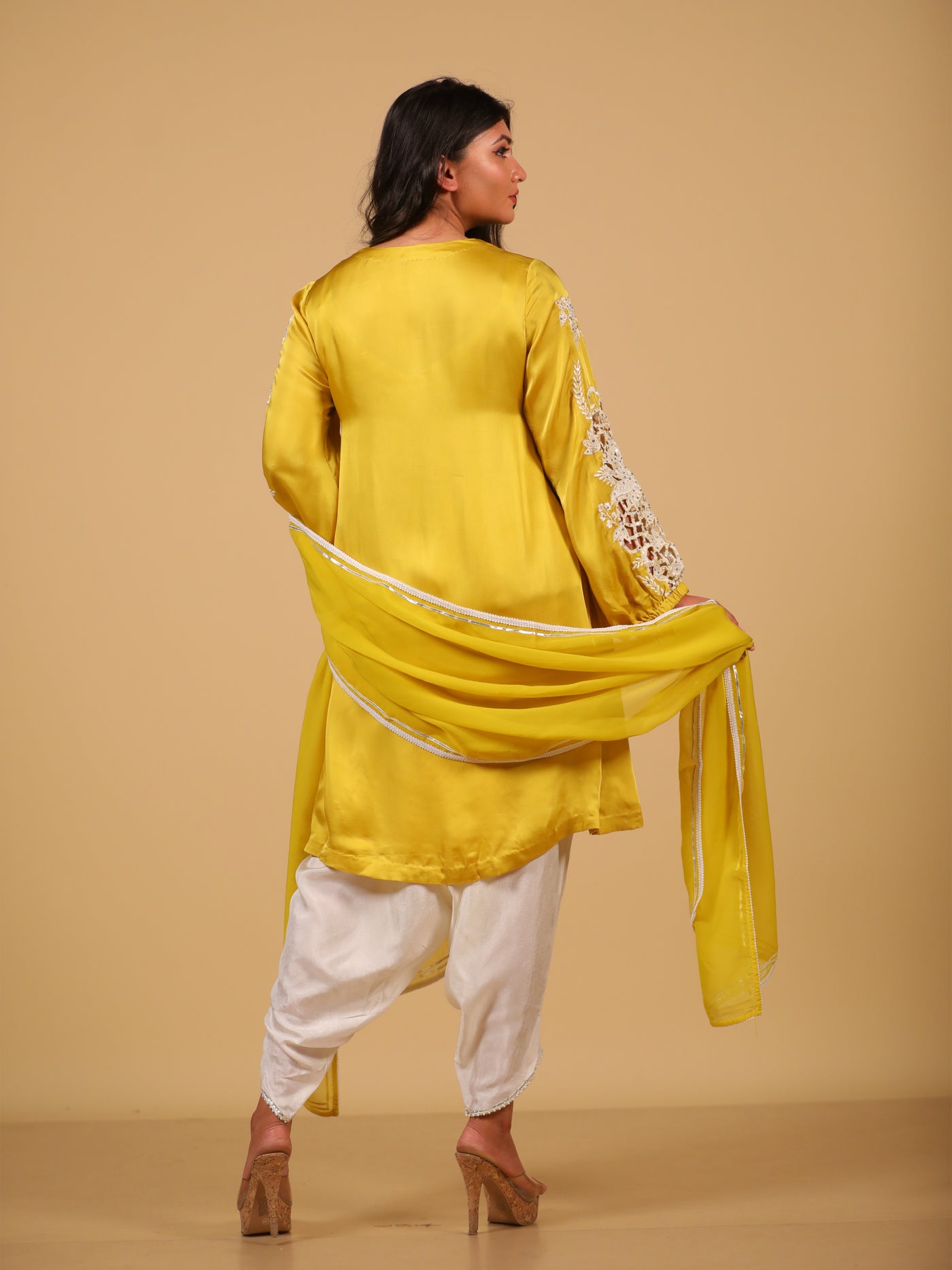 Yellow Cutwork Suit Set With Dhoti