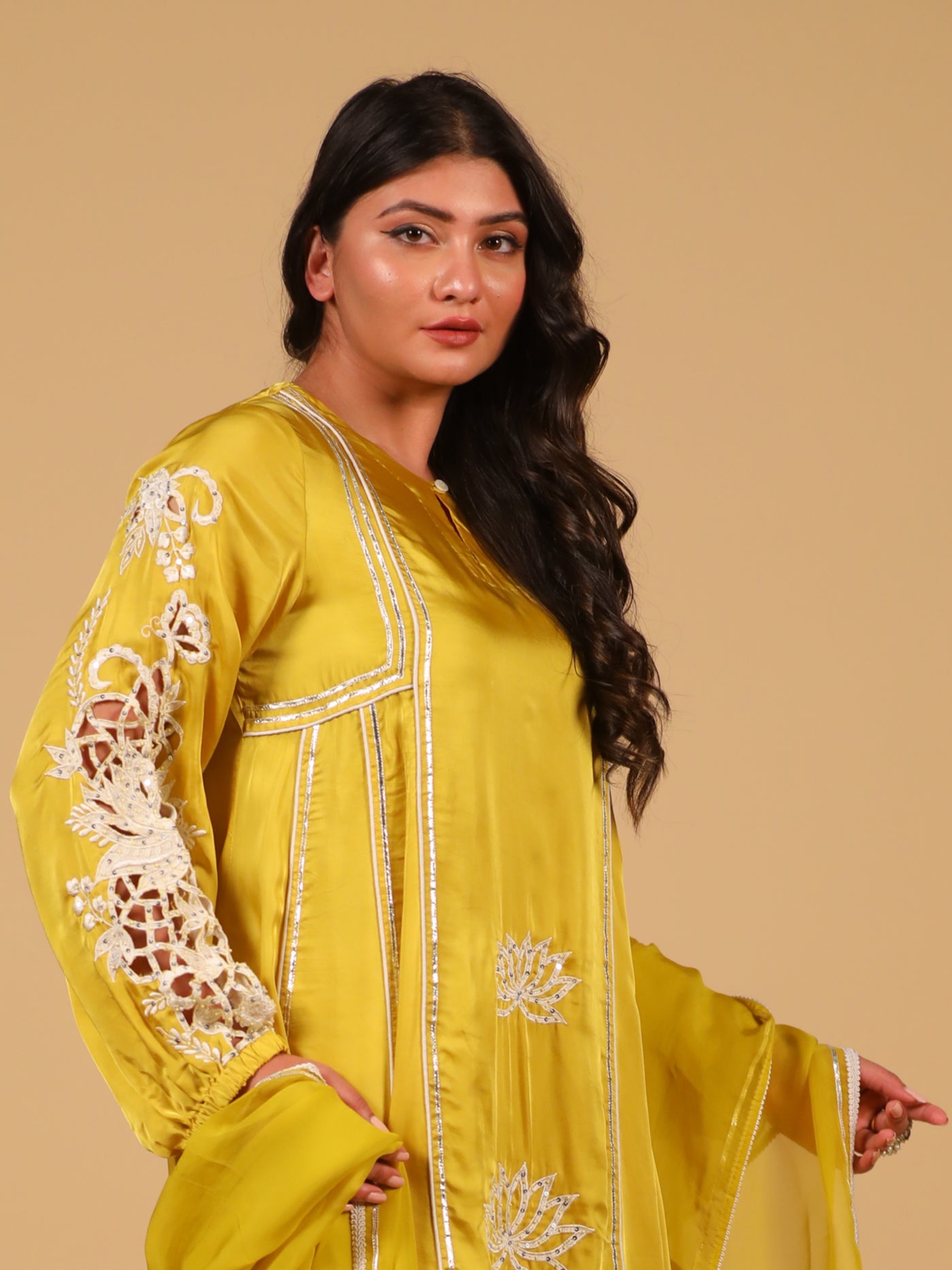 Yellow Cutwork Suit Set With Dhoti