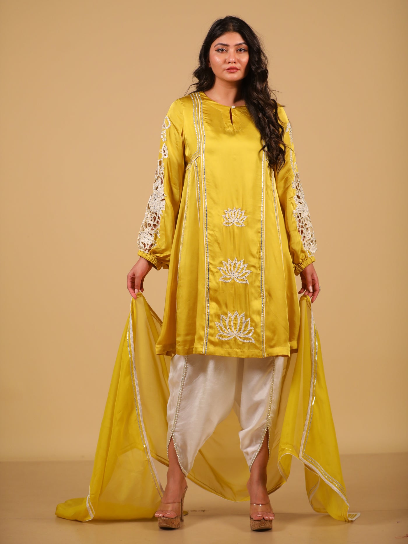 Yellow Cutwork Suit Set With Dhoti