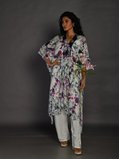 Beige Purple Embroidered Sequence Neck Printed Kaftan