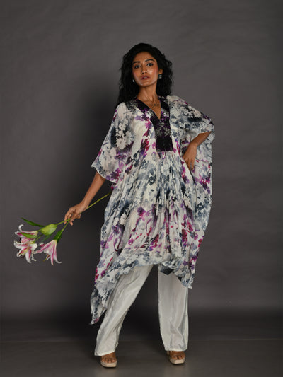 Beige Purple Embroidered Sequence Neck Printed Kaftan