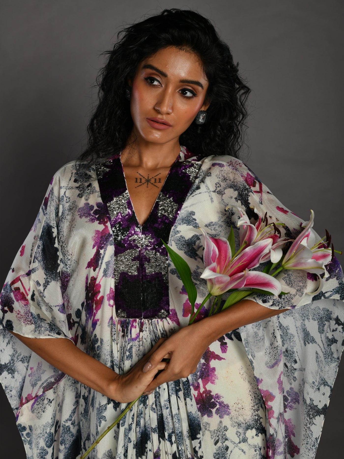 Beige Purple Embroidered Sequence Neck Printed Kaftan