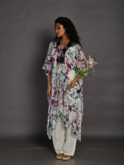 Beige Purple Embroidered Sequence Neck Printed Kaftan