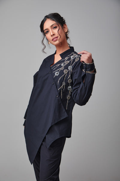 Navy Asymmetrical Slit-Cuff Shirt