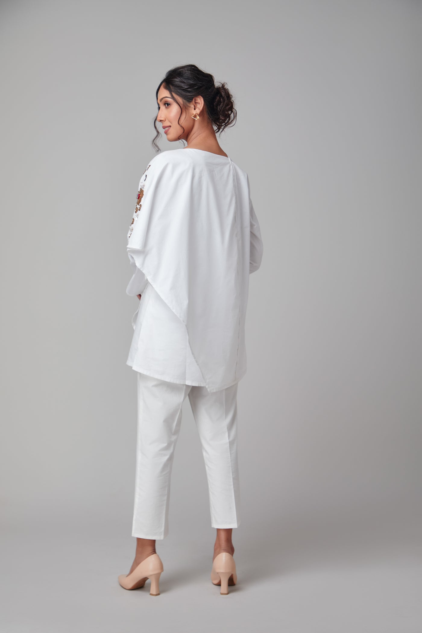 White Asymmetric One shoulder Embellished Shirt