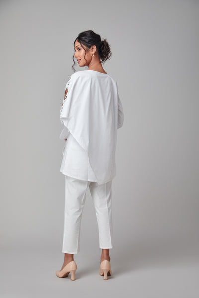 White Asymmetric One shoulder Embellished Shirt