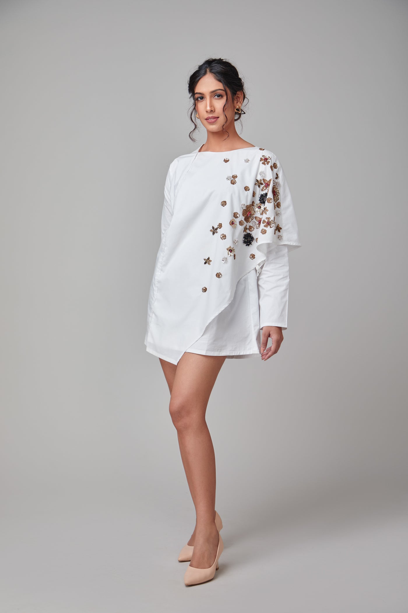 White Asymmetric One shoulder Embellished Shirt