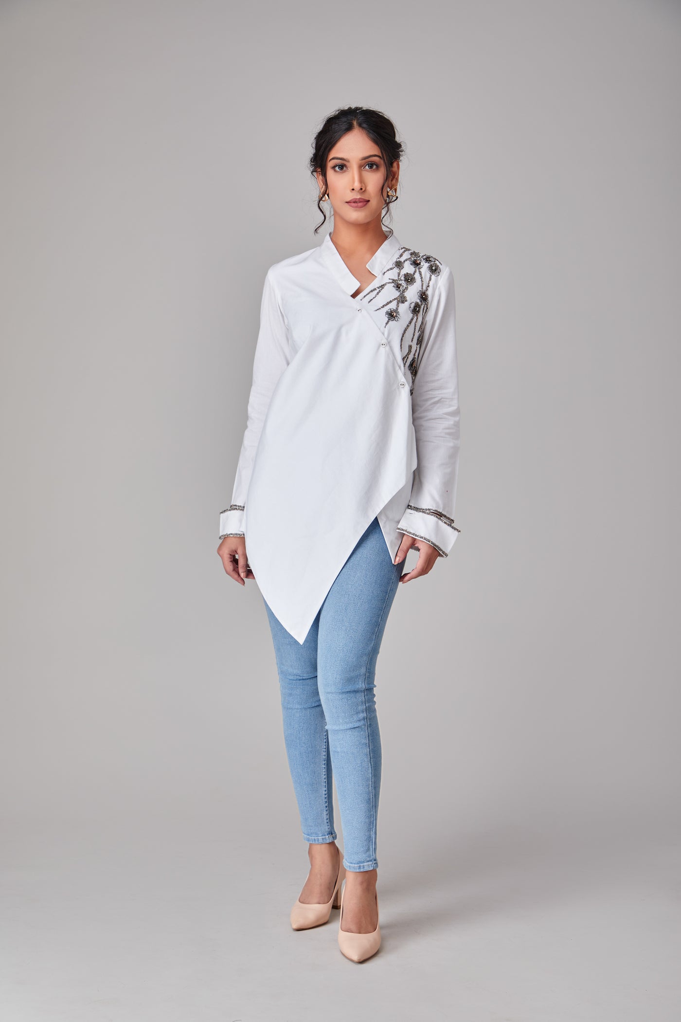 White Asymmetrical Slit-Cuff Shirt