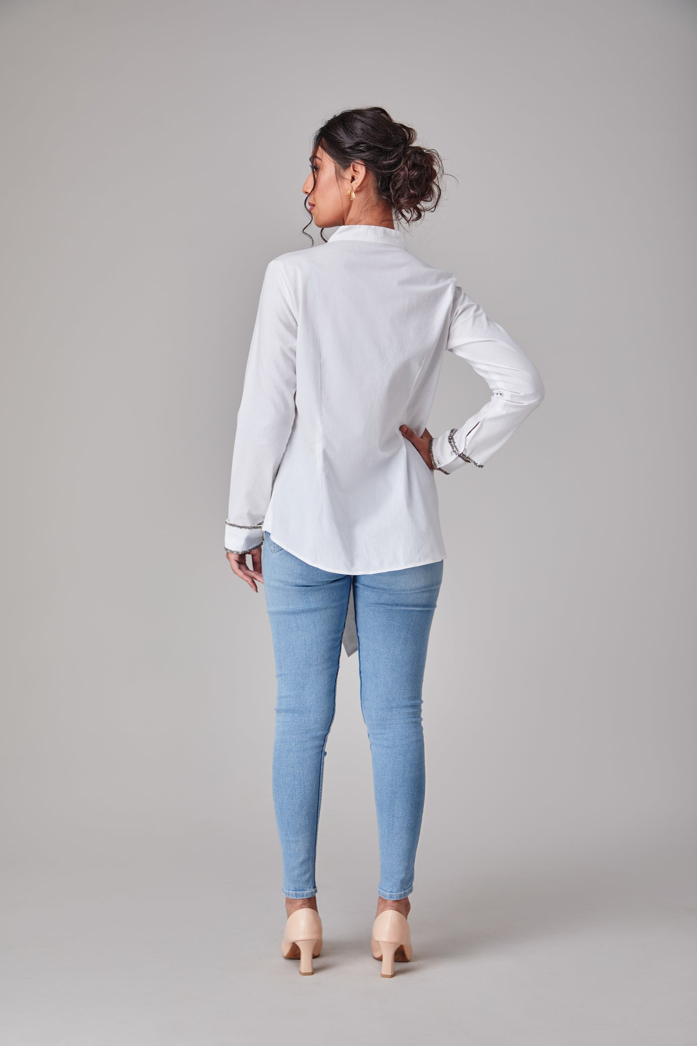 White Asymmetrical Slit-Cuff Shirt