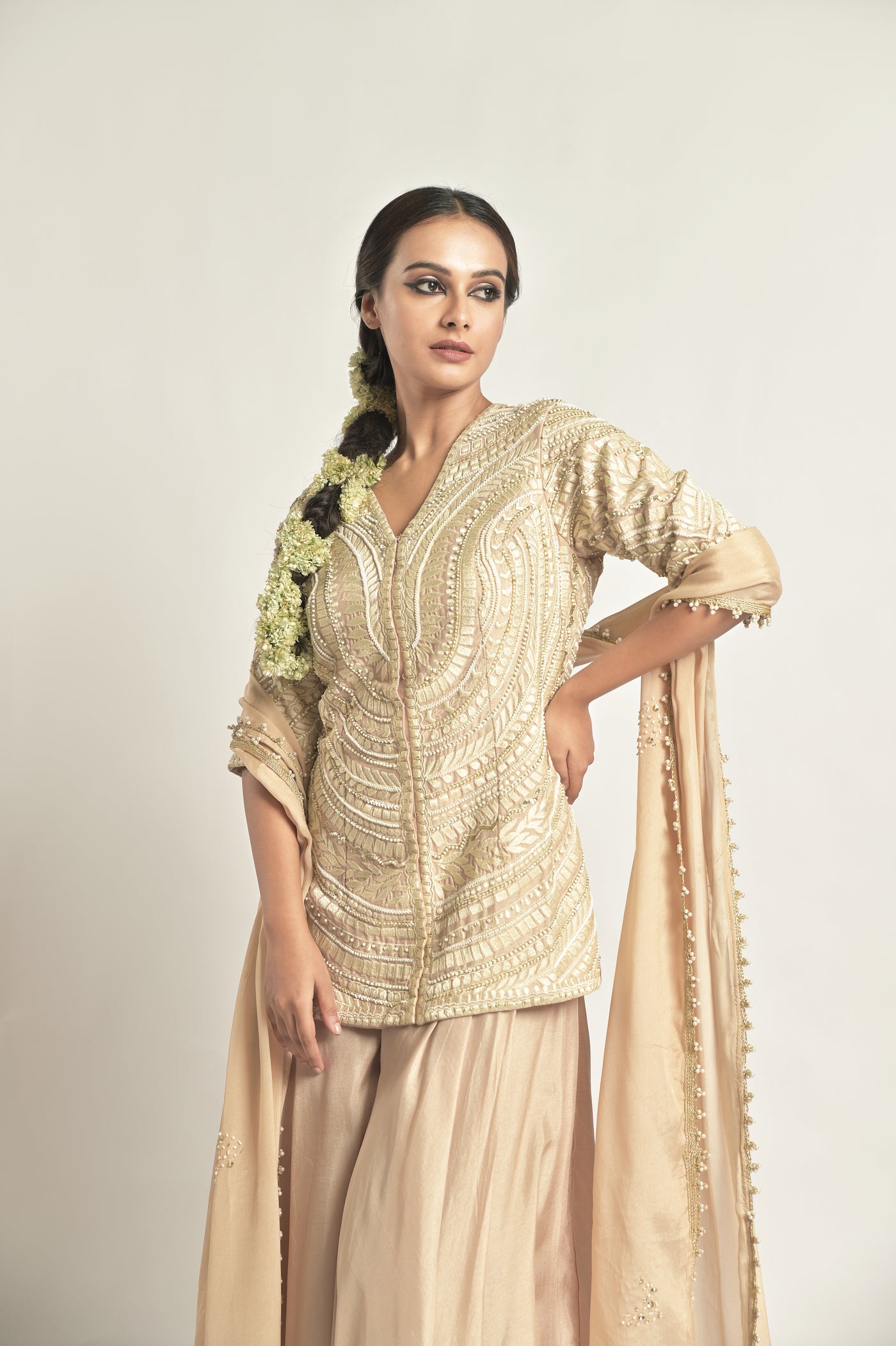 Light Brown Short Kurti With Sharara Set