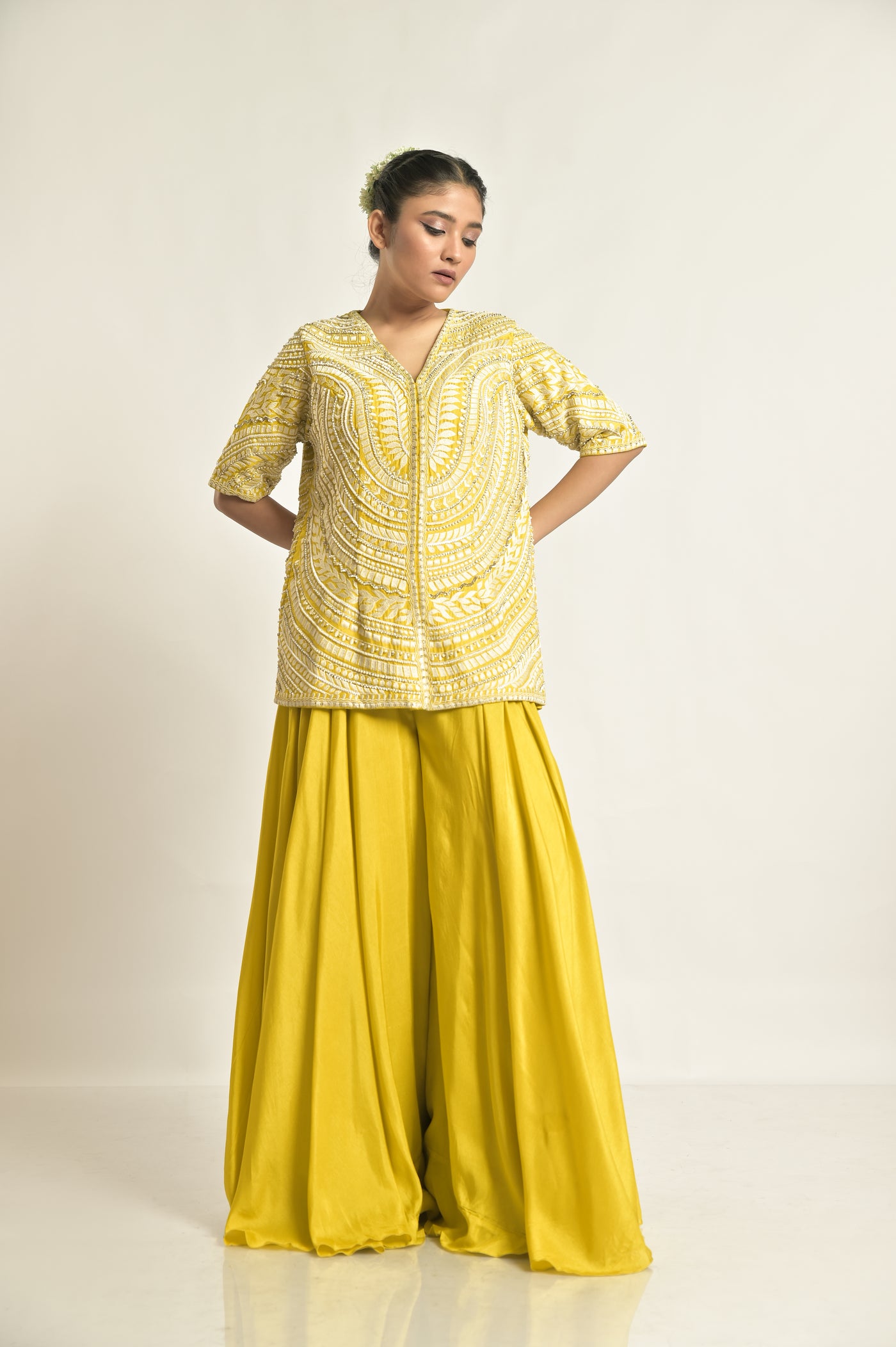 Mustard Short Kurti With Sharara Set