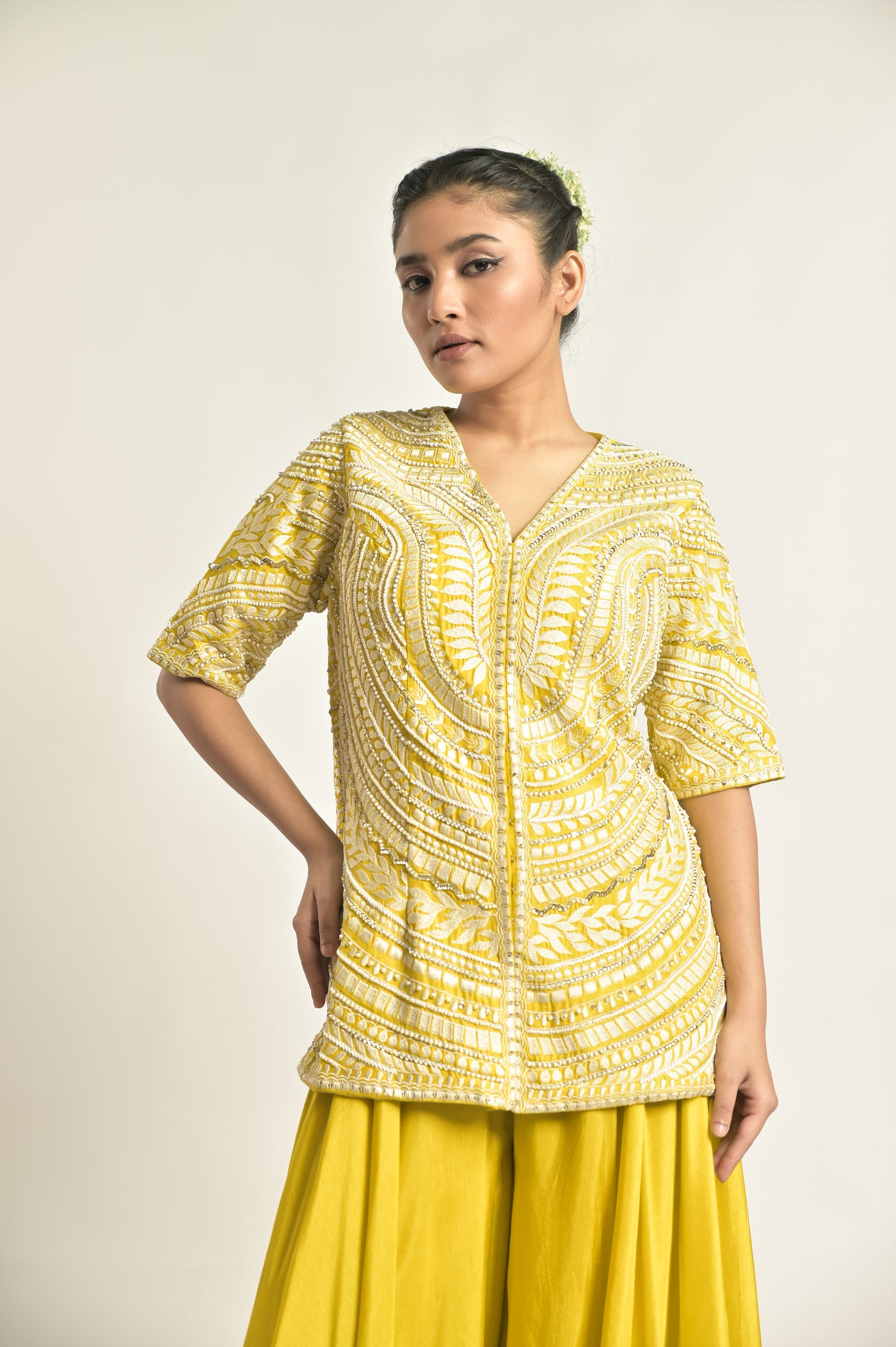 Mustard Short Kurti With Sharara Set