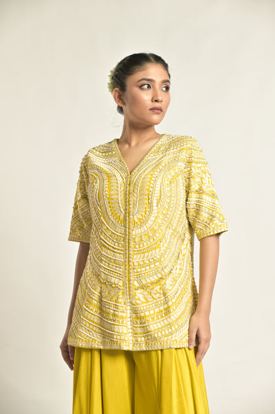 Mustard Short Kurti With Sharara Set