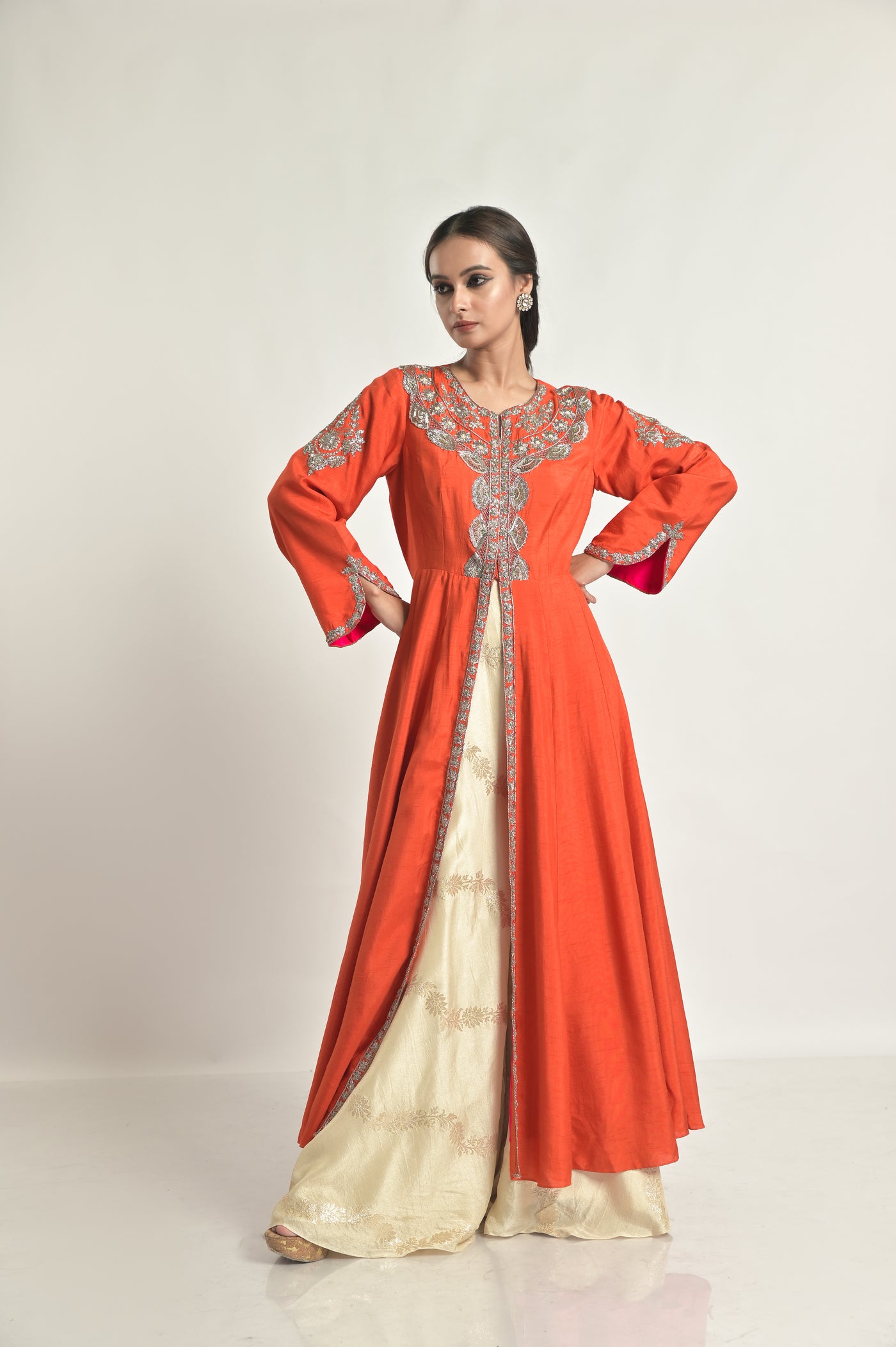 Orange Jacket With Banarasi Bias Palazoo