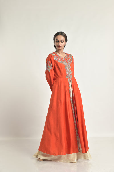 Orange Jacket With Banarasi Bias Palazoo