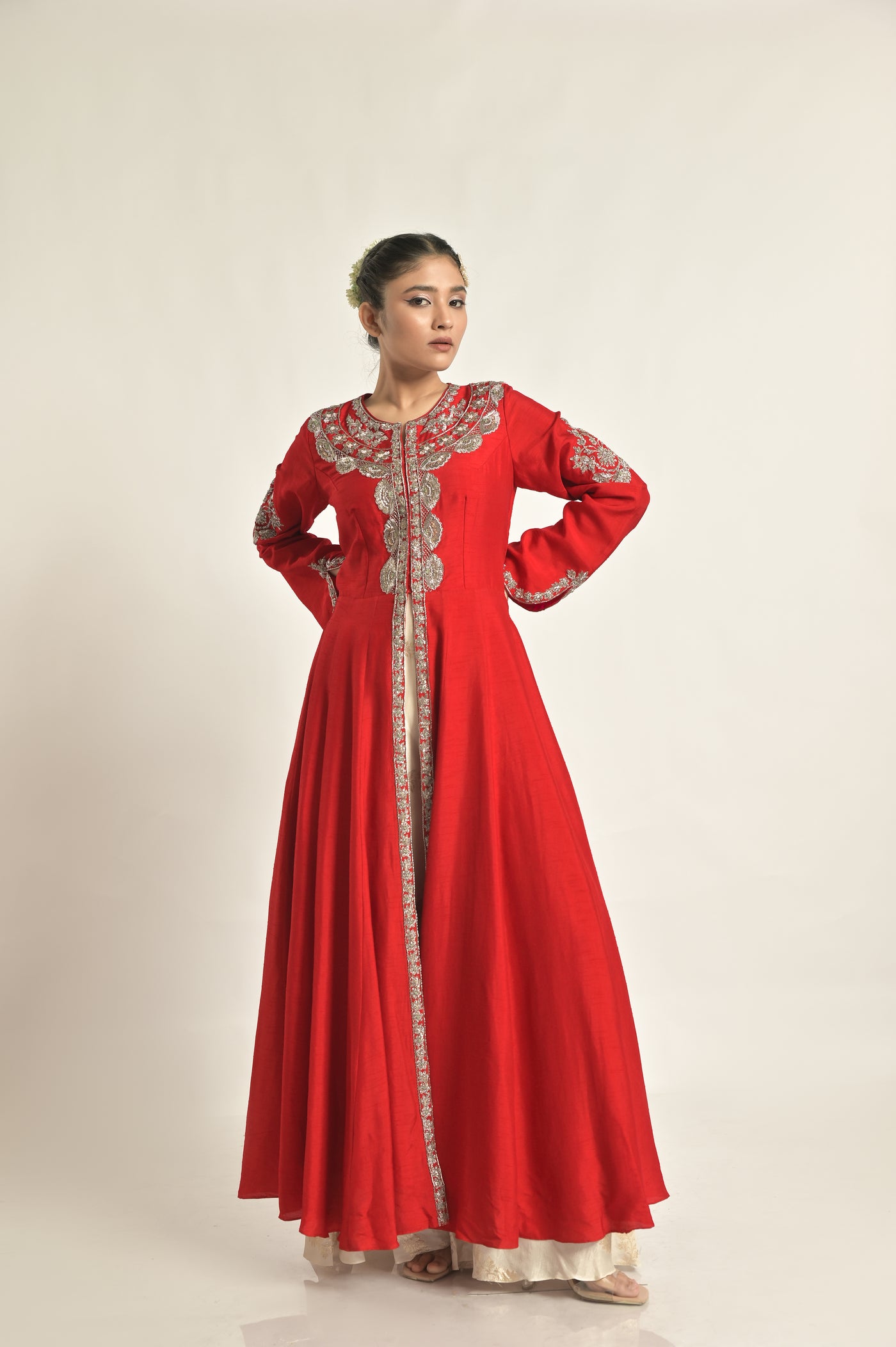 Red Jacket With Banarasi Bias Palazoo