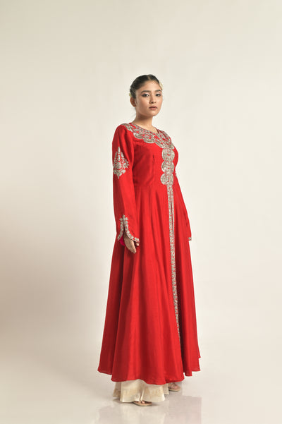 Red Jacket With Banarasi Bias Palazoo