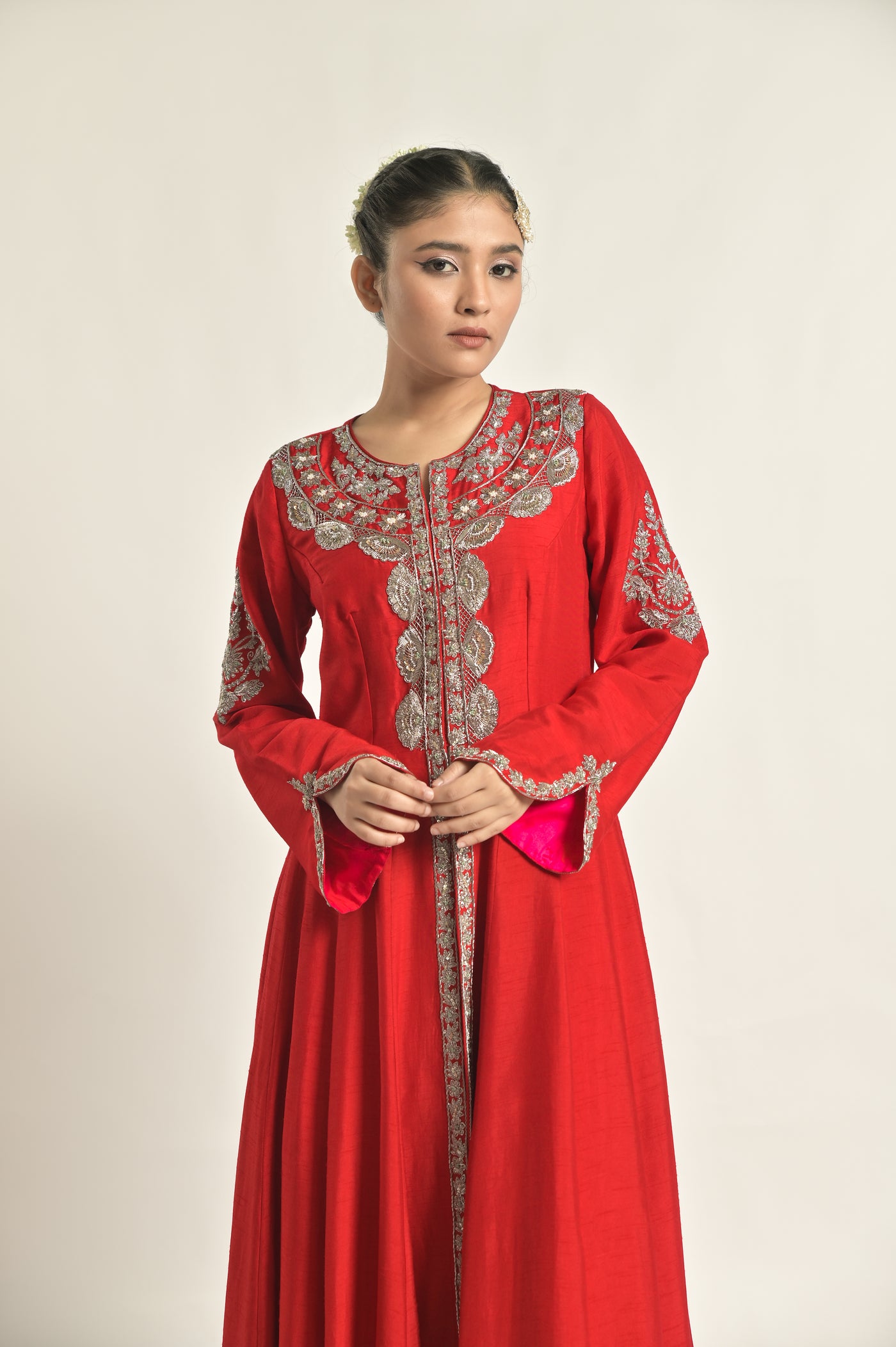 Red Jacket With Banarasi Bias Palazoo