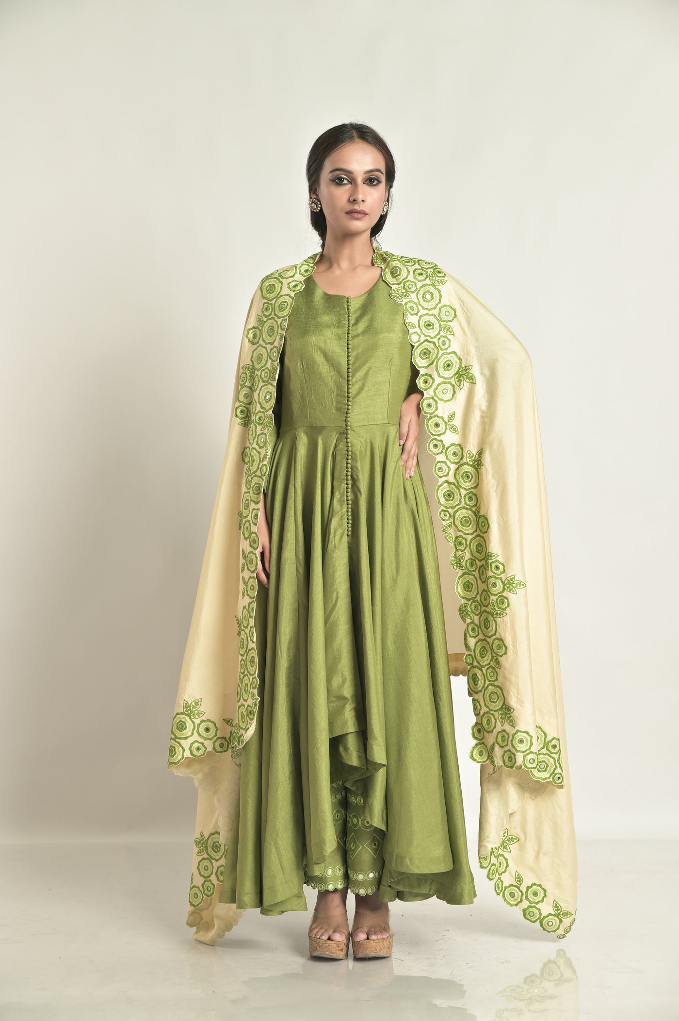 Green Asymetrical Kurta With Embd Pallazos & Duppatta