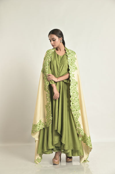 Green Asymetrical Kurta With Embd Pallazos & Duppatta