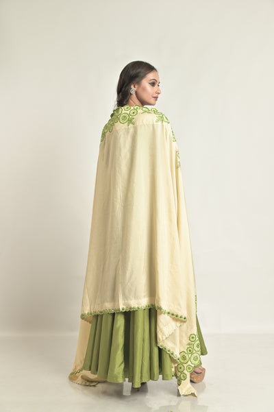 Green Asymetrical Kurta With Embd Pallazos & Duppatta