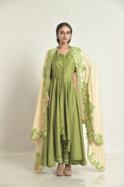 Green Asymetrical Kurta With Embd Pallazos & Duppatta