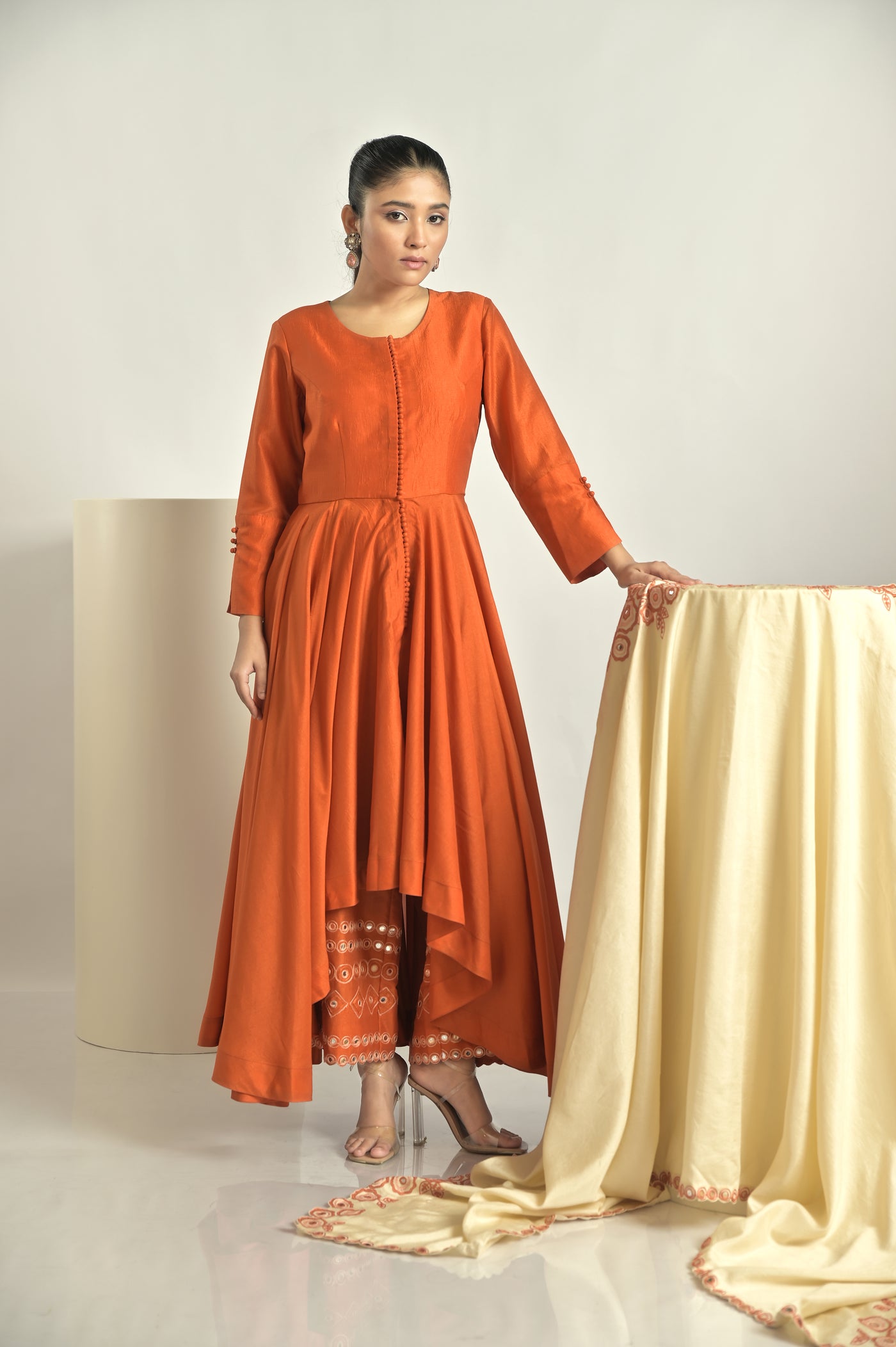 Orange Asymetrical Kurta With Embd Pallazos & Duppatta