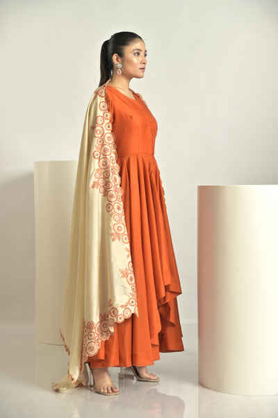 Orange Asymetrical Kurta With Embd Pallazos & Duppatta