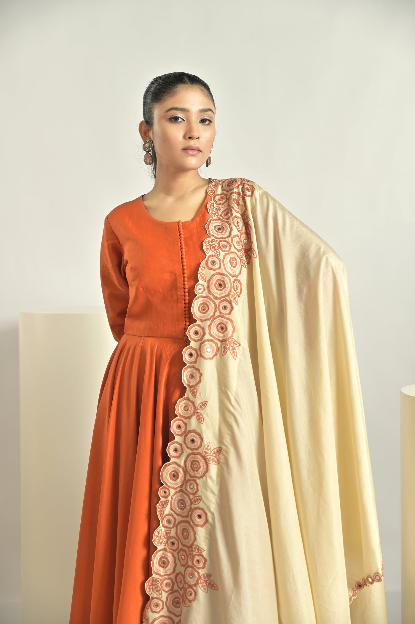 Orange Asymetrical Kurta With Embd Pallazos & Duppatta