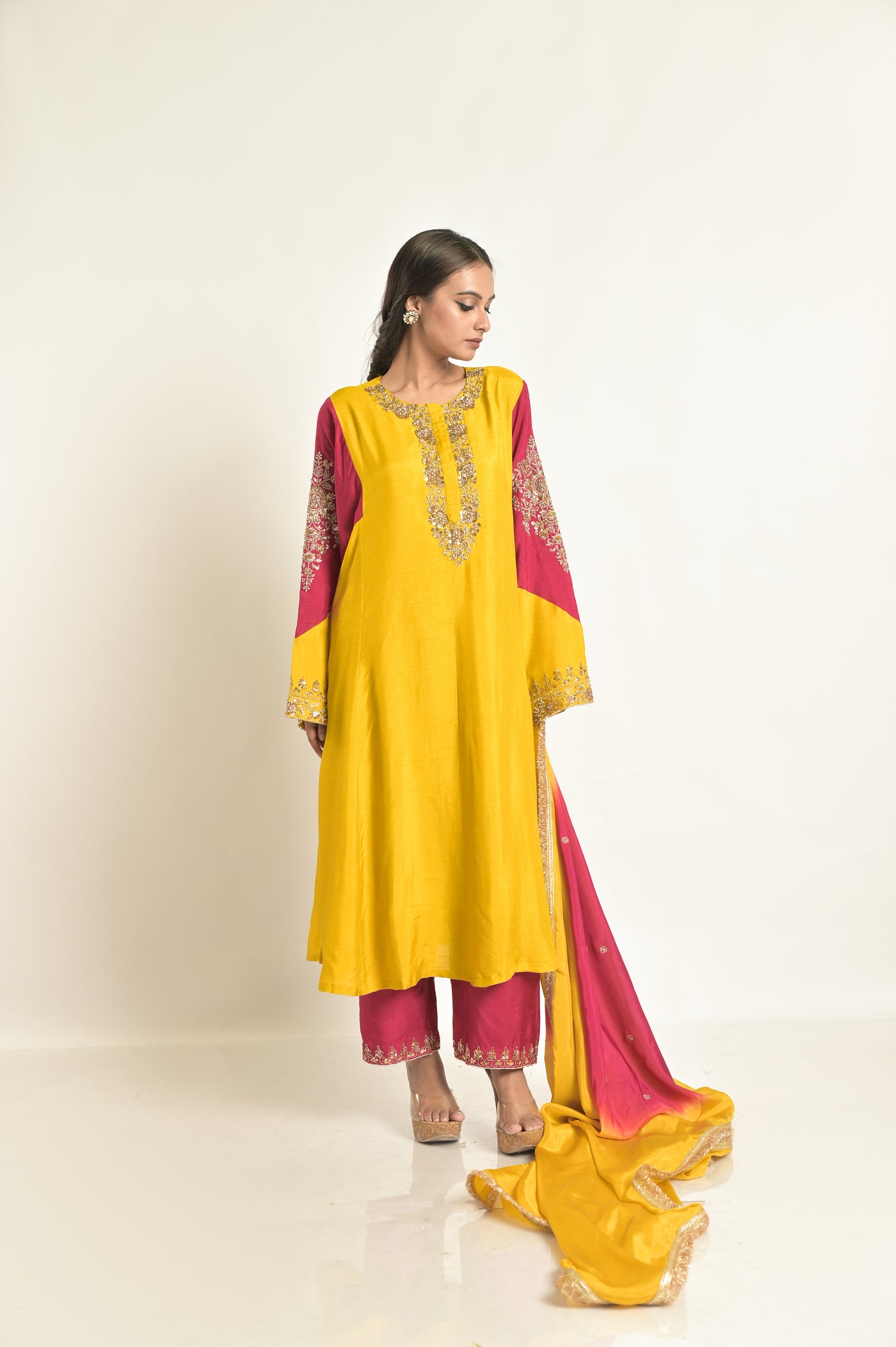 Yellow Two Toned Suit Set With Intricate Arm Detailing